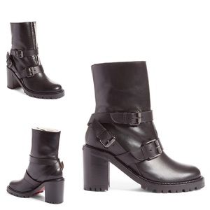 Christian Louboutin Black Leather Shearling Boots Lug Sole Rubber Sole